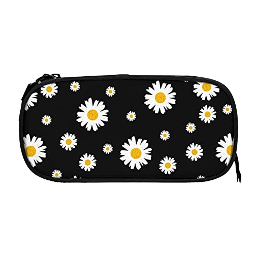 Gesey-R4T White Yellow Daisy Flower Black Pen Pencil Case Bag Big Capacity Multifunction Storage Pouch Organizer with Zipper Office University for Girls Boy