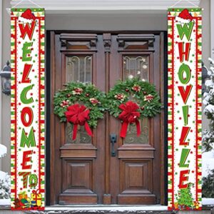 whoville christmas decorations christmas porch sign- welcome to whoville christmas door decorations hanging banner backdrop outdoor grinchmas xmas eve holiday party supplies 2pcs
