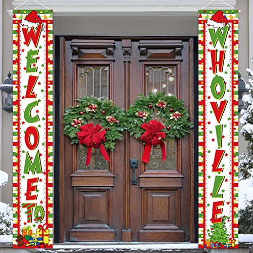 Whoville Christmas Decorations Christmas Porch Sign- Welcome To Whoville Christmas Door Decorations Hanging Banner Backdrop Outdoor Grinchmas Xmas Eve Holiday Party Supplies 2Pcs