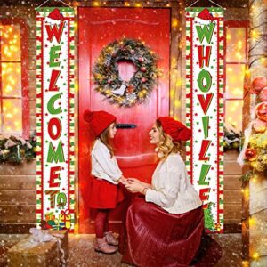 Whoville Christmas Decorations Christmas Porch Sign- Welcome To Whoville Christmas Door Decorations Hanging Banner Backdrop Outdoor Grinchmas Xmas Eve Holiday Party Supplies 2Pcs