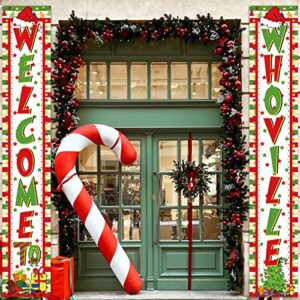 Whoville Christmas Decorations Christmas Porch Sign- Welcome To Whoville Christmas Door Decorations Hanging Banner Backdrop Outdoor Grinchmas Xmas Eve Holiday Party Supplies 2Pcs