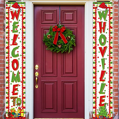Whoville Christmas Decorations Christmas Porch Sign- Welcome To Whoville Christmas Door Decorations Hanging Banner Backdrop Outdoor Grinchmas Xmas Eve Holiday Party Supplies 2Pcs