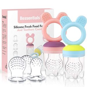 baby fruit food feeder pacifier – 2 packs silicone fresh fruit feeder bpa free [s m l size silicone food pouches included] (blue&pink)