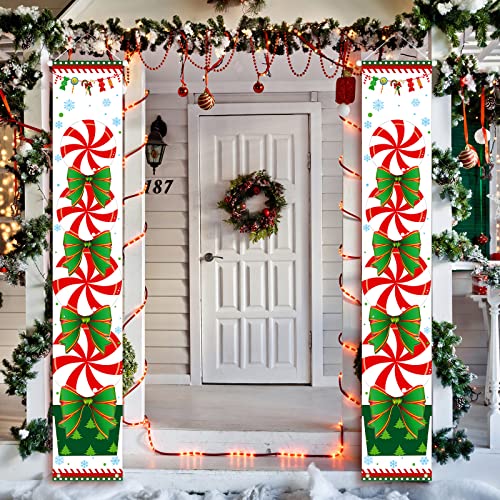 Christmas Porch Sign Banner Candy Xmas Hanging Decorations Christmas Hanging Banners Sign New Year Holiday Outdoor Indoor Christmas Decorations for Home Wall Candyland Themed Party, Red White Green