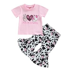 western baby girl outfits funny letter t shirt top+cow print long flare pants set summer spring clothes 2pcs (pink peace love moo, 18-24 months)