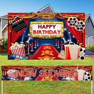 Movie Theme Party Decorations Include Large Fabric Backdrop Happy Birthday Background 5 x 3 Feet Movie Now Showing Banner 6 x 1 Feet for Movie Night with Rope