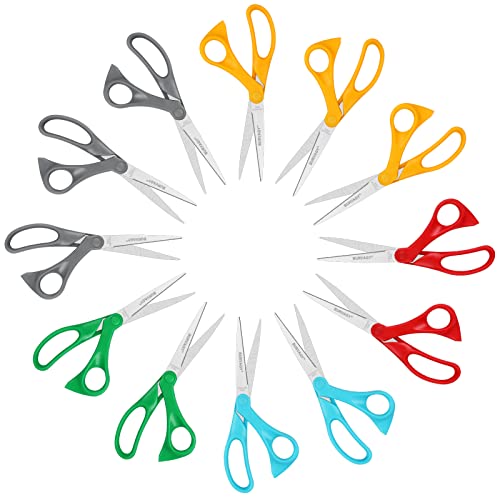 Scissors Set of 12-Pack, BURVAGY 8" Scissors All Purpose Comfort-Grip Handles Sharp Scissors for Office Home School Craft Sewing Fabric Supplies, Right/Left Handed