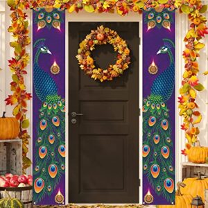 happy diwali porch banner indian diwali peacock front porch welcome sign deepawali indian festival of lights decorations-12×71”
