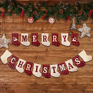 o-heart merry christmas banner, burlap stockings plaid christmas decorations, merry christmas sign for mantel fireplace christmas tree farmhouse hanging decoration christmas door decorations