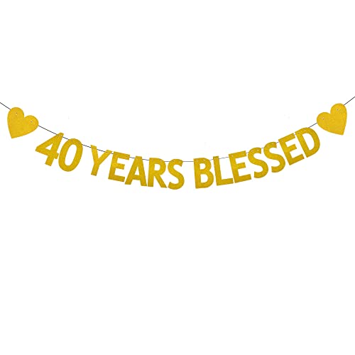 XIAOLUOLY Gold 40 YEARS BLESSED Glitter Banner,Pre-Strung,40th Birthday / Wedding Anniversary Party Decorations Bunting Sign Backdrops,40 YEARS BLESSED