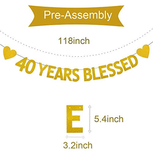 XIAOLUOLY Gold 40 YEARS BLESSED Glitter Banner,Pre-Strung,40th Birthday / Wedding Anniversary Party Decorations Bunting Sign Backdrops,40 YEARS BLESSED