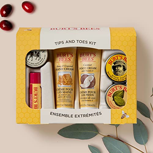 Burt's Bees Easter Basket Stuffers Gifts, 6 Body Care Products, Tips and Toes Set - Moisturizing Lip Balm, 2 Hand Creams, Foot Cream, Cuticle Cream & Hand Salve