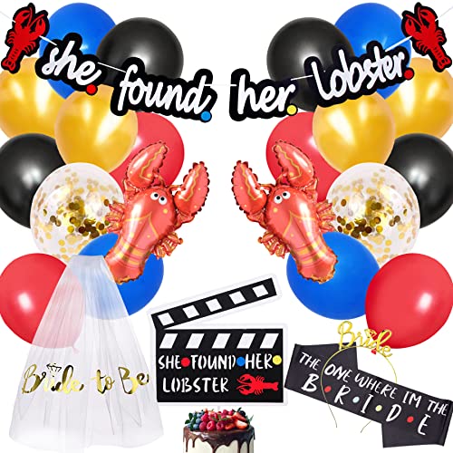 ReadiGo Friends Bachelorette Party Decorations Naughty Wedding Engagement Brunch Bridal Shower,She Found Her Lobster Banner & Cake Topper,Bridal to be Veil+Sash+Tiara,Lobster Balloons for Party