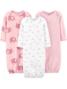 simple joys by carter’s baby girls’ cotton sleeper gown, pack of 3, light pink/white, elephants, 0-3 months