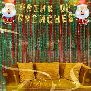 Christmas Party Decorations - Gold Drink Up Grinches Balloons Banner, Red and Green Foil Fringe Curtains Party Photo Backdrop for Xmas Holiday Party Decorations