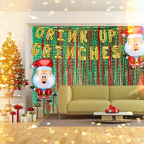 Christmas Party Decorations - Gold Drink Up Grinches Balloons Banner, Red and Green Foil Fringe Curtains Party Photo Backdrop for Xmas Holiday Party Decorations