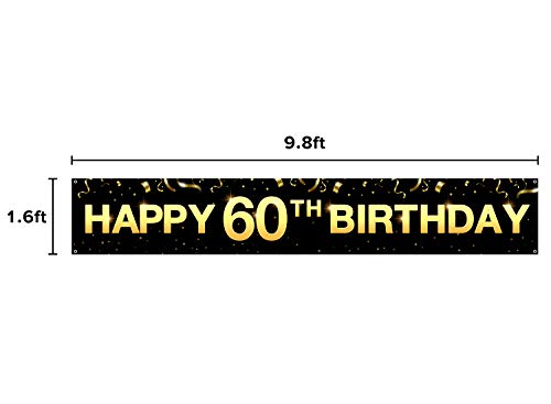 Greatingreat Large Cheers to 60 Years Banner, Black Gold 60 Anniversary Party Sign, 60th Happy Birthday Banner(9.8feet X 1.6feet)