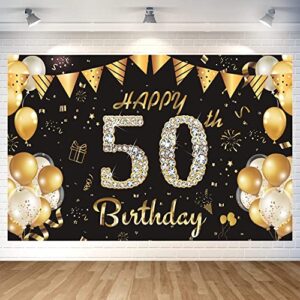 50th happy birthday banner backdrop for men black and gold party decorations happy birthday backdrop for women black and gold birthday photo backdrop 70.87*45.28in