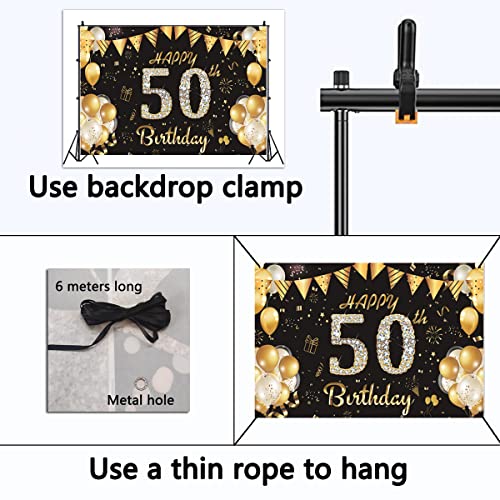 50th Happy Birthday Banner Backdrop for Men Black and Gold Party Decorations Happy Birthday Backdrop for Women Black and Gold Birthday Photo Backdrop 70.87*45.28in