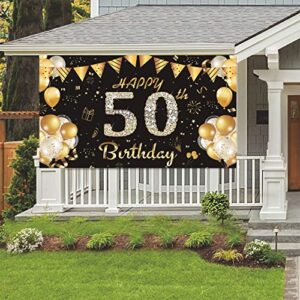 50th Happy Birthday Banner Backdrop for Men Black and Gold Party Decorations Happy Birthday Backdrop for Women Black and Gold Birthday Photo Backdrop 70.87*45.28in