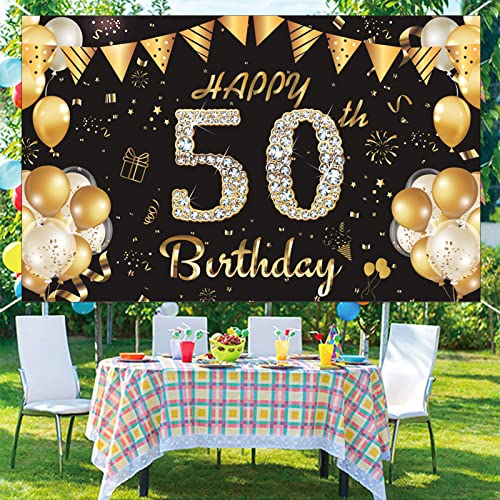 50th Happy Birthday Banner Backdrop for Men Black and Gold Party Decorations Happy Birthday Backdrop for Women Black and Gold Birthday Photo Backdrop 70.87*45.28in