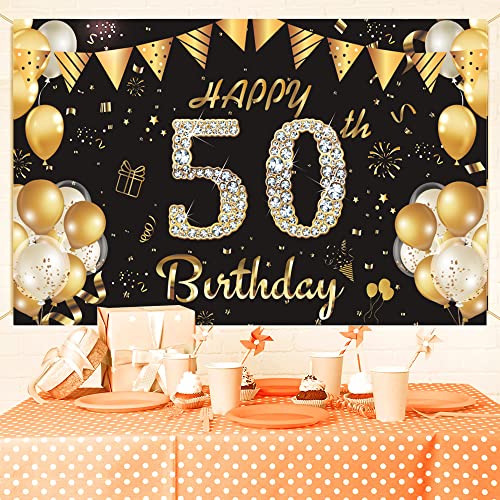 50th Happy Birthday Banner Backdrop for Men Black and Gold Party Decorations Happy Birthday Backdrop for Women Black and Gold Birthday Photo Backdrop 70.87*45.28in