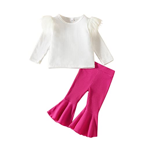 Toddler Girls Long Sleeve Solid Ribbed T Shirt Tops Bell Bottoms Flare Pants Outfits Active Wear Girls (Hot Pink, 18-24 Months)