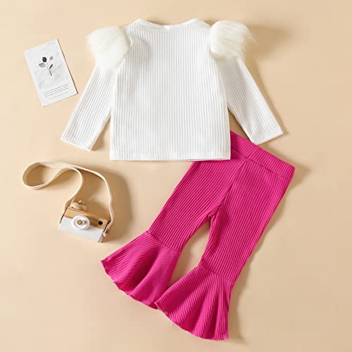 Toddler Girls Long Sleeve Solid Ribbed T Shirt Tops Bell Bottoms Flare Pants Outfits Active Wear Girls (Hot Pink, 18-24 Months)