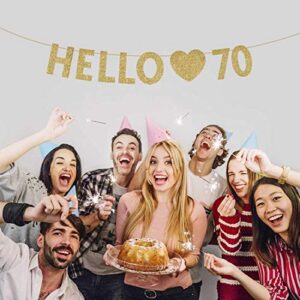 Gold Hello 70 Birthday Banner, Gold Glitter Happy 70th Birthday Party Decorations, Supplies