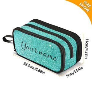 Custom Teal Blue Glitter Sparkle Pencil Case Pencil Bag School Pencil Pouch College Big Capacity Stationery Organizer for Teens Girls Boys Adults Student Office