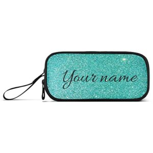 Custom Teal Blue Glitter Sparkle Pencil Case Pencil Bag School Pencil Pouch College Big Capacity Stationery Organizer for Teens Girls Boys Adults Student Office