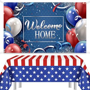 2 pieces large welcome home banner and american flag tablecloth 4th of july backdrop patriotic plastic table cover deployment returning party supplies military army homecoming party decorations
