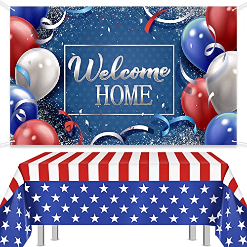 2 Pieces Large Welcome Home Banner and American Flag Tablecloth 4th of July Backdrop Patriotic Plastic Table Cover Deployment Returning Party Supplies Military Army Homecoming Party Decorations