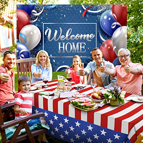 2 Pieces Large Welcome Home Banner and American Flag Tablecloth 4th of July Backdrop Patriotic Plastic Table Cover Deployment Returning Party Supplies Military Army Homecoming Party Decorations