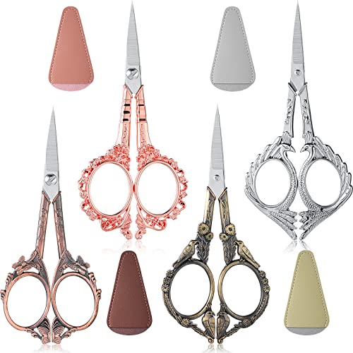 4 Pairs 4.72 Inch Sewing Embroidery Scissors with 4 Pcs Artificial Leather Cover Stainless Steel Flower Pattern Stork Vintage European Style Crochet Small Sewing Scissors DIY Tool Art Work