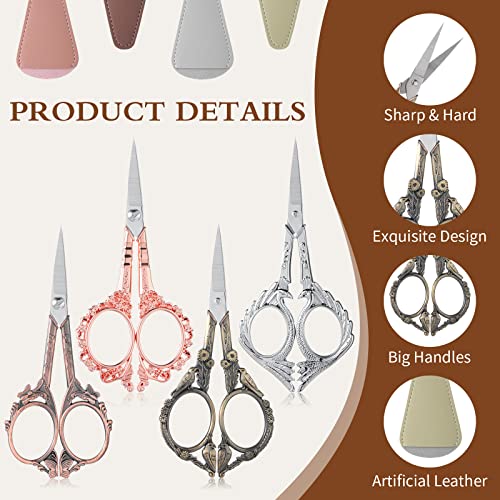 4 Pairs 4.72 Inch Sewing Embroidery Scissors with 4 Pcs Artificial Leather Cover Stainless Steel Flower Pattern Stork Vintage European Style Crochet Small Sewing Scissors DIY Tool Art Work
