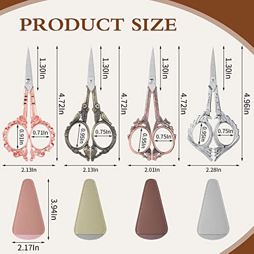 4 Pairs 4.72 Inch Sewing Embroidery Scissors with 4 Pcs Artificial Leather Cover Stainless Steel Flower Pattern Stork Vintage European Style Crochet Small Sewing Scissors DIY Tool Art Work