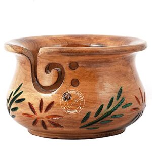 hind handicrafts floral handcrafted wooden portable yarn storage bowl – solid dark handmade crafted – holder for knitting crochet hook accessories – bag included (design-1, 6″ x 6″ x 4″)