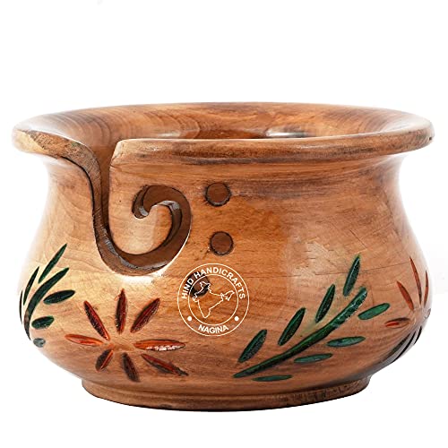 Hind Handicrafts Floral Handcrafted Wooden Portable Yarn Storage Bowl - Solid Dark Handmade Crafted - Holder for Knitting Crochet Hook Accessories - Bag Included (Design-1, 6" x 6" x 4")