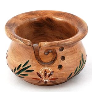 Hind Handicrafts Floral Handcrafted Wooden Portable Yarn Storage Bowl - Solid Dark Handmade Crafted - Holder for Knitting Crochet Hook Accessories - Bag Included (Design-1, 6" x 6" x 4")