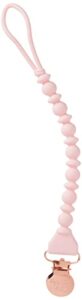 itzy ritzy silicone pacifier clip; 100% silicone pacifier strap with clip keeps pacifiers, teethers & small toys in place; features one-piece design & silicone cord, pink + rose gold clip