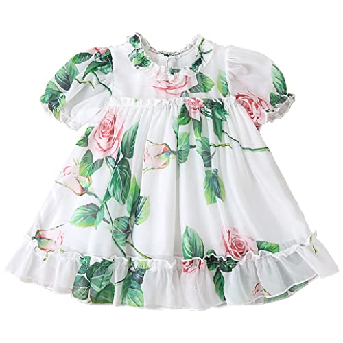 AGQT Infant Baby Girls Flower Print Dress Puff Sleeve Ruffle Floral A-line Birthday Spring Beach Sundress Clothes Outfit White Size 3-6 Months