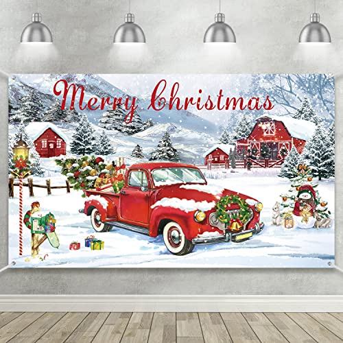 Christmas Red Truck Decoration Xmas Tree Farmhouse Rustic Backdrop Banner Red Car Snowflakes Photo Background for Merry Christmas Winter Holiday Party Home Decorations Supplies, 72.8 x 43.3 Inch