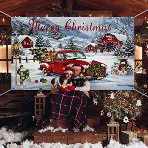 Christmas Red Truck Decoration Xmas Tree Farmhouse Rustic Backdrop Banner Red Car Snowflakes Photo Background for Merry Christmas Winter Holiday Party Home Decorations Supplies, 72.8 x 43.3 Inch