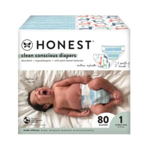 the honest company clean conscious diapers | plant-based, sustainable | dots & dashes + multi-colored giraffes | club box, size 1 (8-14 lbs), 80 count