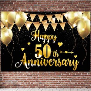 pakboom happy 50th anniversary backdrop banner – 50 years anniversary party decorations supplies for parents – 3.9 x 5.9ft black gold