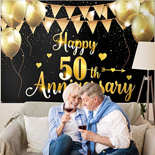 PAKBOOM Happy 50th Anniversary Backdrop Banner - 50 Years Anniversary Party Decorations Supplies for Parents - 3.9 x 5.9ft Black Gold