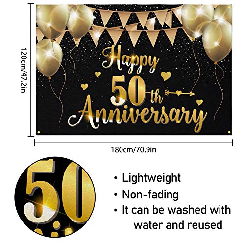 PAKBOOM Happy 50th Anniversary Backdrop Banner - 50 Years Anniversary Party Decorations Supplies for Parents - 3.9 x 5.9ft Black Gold