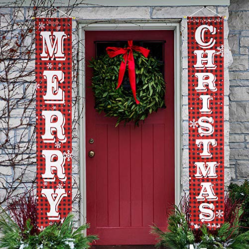 O-Heart Merry Christmas Banner Holiday Xmas Porch Banner Buffalo Plaid Sign Hanging Christmas Decoration Indoor Outdoor for Home Wall Front Door Apartment Party Mantle, Fireplace, Window Wall