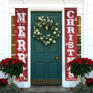 O-Heart Merry Christmas Banner Holiday Xmas Porch Banner Buffalo Plaid Sign Hanging Christmas Decoration Indoor Outdoor for Home Wall Front Door Apartment Party Mantle, Fireplace, Window Wall